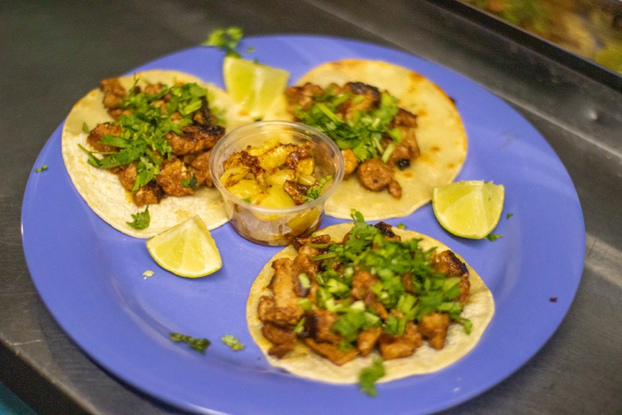 Street tacos plated for the VIP Lounge menu shoot